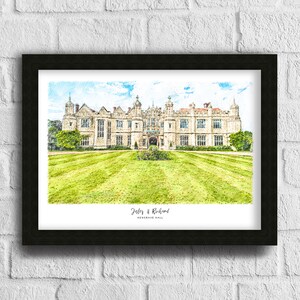 May include: Framed art print of Hengrave Hall, a stately manor house, rendered in a watercolor style. The image features a long, green lawn leading to the building, with the names "Jules & Richard" below.