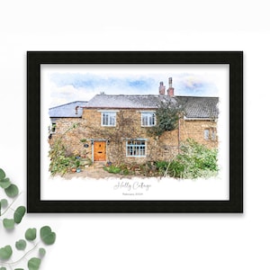 May include: A framed watercolor print of a stone cottage with a slate roof, windows, and a wooden door. The cottage is surrounded by greenery and the text "Holly Cottage February 2024" is written below the image.