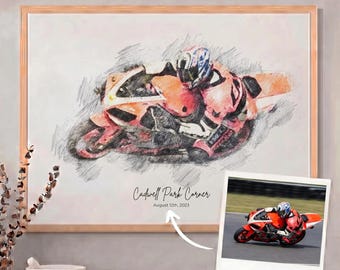 Custom Motorbike Portrait Sketch: Personalized Biker Artwork Illustration