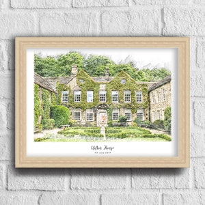May include: A framed print of Clifton House, a large stone building covered in ivy. The image has a sketched effect, with the text "Clifton House" and "4th June 2019" at the bottom. The frame is light-colored wood.