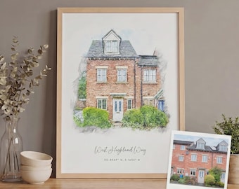 May include: Watercolor-style print of a brick house with multiple windows and a dormer. The artwork is framed in a light wood frame and includes the text "West Highland Way" and coordinates. A smaller photo of the house is in the lower right corner.
