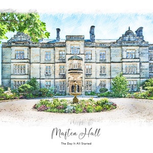 May include: A watercolor-style print of Maften Hall, a large stone building with multiple windows and a central bay window. A fountain sits in front of the building, surrounded by flowers. The text "Maften Hall" and "The Day It All Started" are at the bottom.