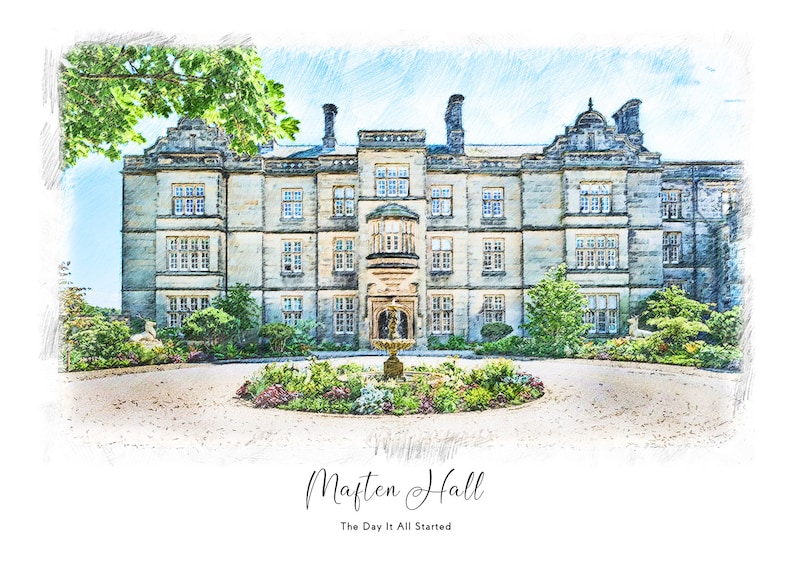 May include: A watercolor-style print of Maften Hall, a large stone building with multiple windows and a central bay window. A fountain sits in front of the building, surrounded by flowers. The text "Maften Hall" and "The Day It All Started" are at the bottom.