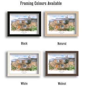 May include: Four framed prints of a cottage, each with a different frame color: black, natural, white, and walnut. The prints feature a watercolor painting of a stone cottage with an orange door and climbing plants. Text at the top reads "Framing Colours Available."
