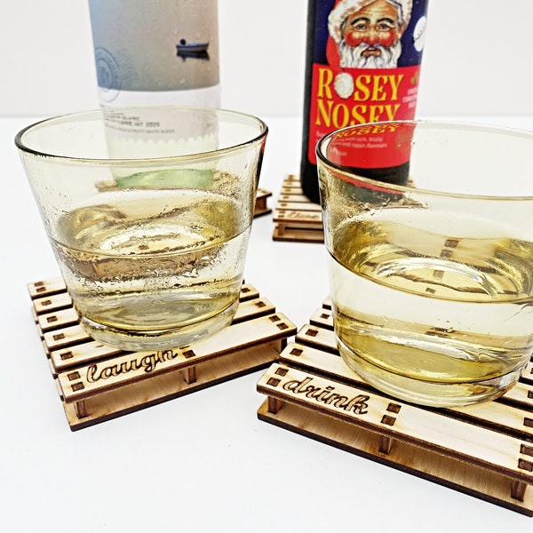 Pallet Coasters - rustic, cottage core drinks mats like pallets.  Live, Love, Laugh, Drink and/or Personalised