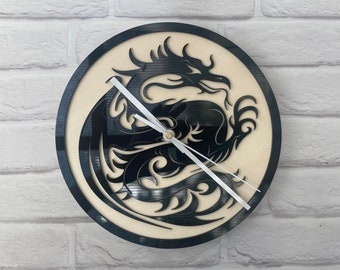Dragon Wall Clock - Made from Poplar Wood and gloss black acrylic