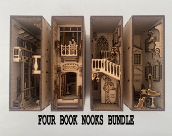 Four Book Nooks Bundle:  Hotel, Wild West, French Yard, Wizards Staircase - 4 complete kits in one set