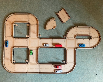 Road Layout for Matchbox Cars: Jigsaw-Style Roads with Straights, Turns, T Junctions, Roundabouts, and Bridges