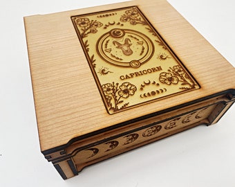 Capricorn (December 22 - January 19) - Cherry Wood Box - Star Sign Astrology Jewels or Make-Up - Golden finished symbol
