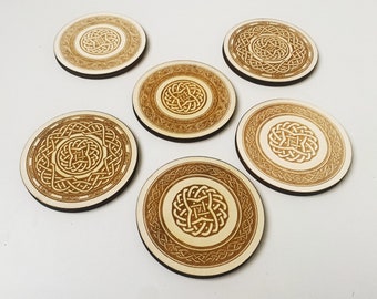 Viking / Norse Coaster sets - wooden coasters with engraved Norseman and Celtic patterns