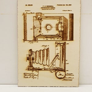 Camera Patent Engraved on Wood - Vintage patent box and bellows camera