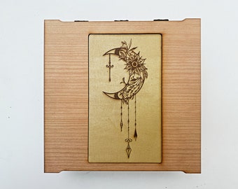 Moon Dreamcatcher Box - Cherry wood and gold finish - jewelry, keepsakes, makeup, stash box