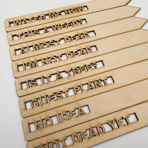 May include: Wooden plant markers with laser-cut text. Phrases include "Water Me Now," "This a Weed?," "Almost Dead," and "Is It a Tree?" The markers are light brown and have a pointed end for easy insertion into soil.
