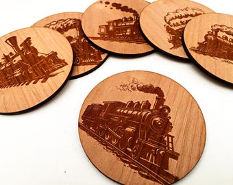 Posavasos de madera con locomotora de tren de vapor