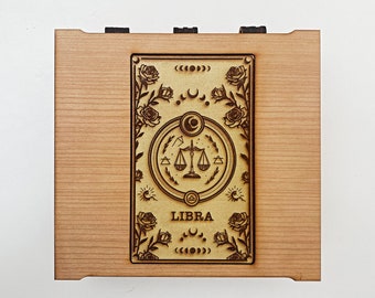 Libra Gifts (September 23 - October 22) - Cherry Wood Box - Star Sign Astrology Jewels or Make-Up