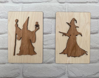 Magical Wooden Bathroom Signs with a Witch and Wizard for your toilet signs