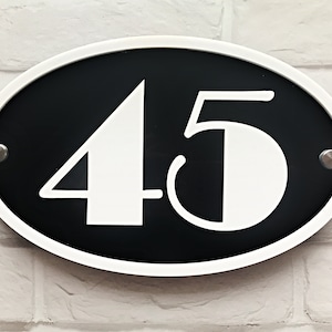 Art Deco Oval House Number.  1920&#39;s, 1930&#39;s styling Black and White.  Clear and Readable, No rust, easy clean.