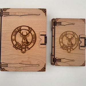 Outlander Cherry Wood Book Box - Clan Fraser and Je Suis Preste, for Jamie Fraser / Claire Randall fans a secret box in a book
