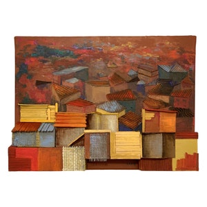 Acrylic painting, Latin American Art, Collage on Canvas - Barrio
