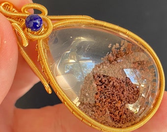 Garden Quartz crystal teardrop pear-shaped pendant, plated wirewrap and sodalite, rock crystal with chlorite inclusion IDA0636