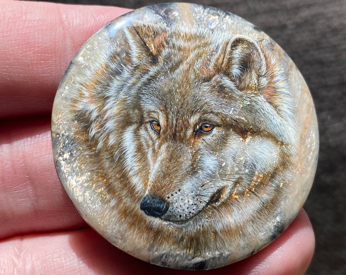 Highly Detailed Signed Rock Painting With Stone Shimmering Effect Wolf ...
