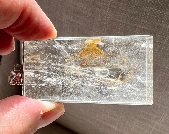 Elegant Flat bubble Enhydro in a beautiful quartz rock crystal - specimen polished flat - pendant with chain