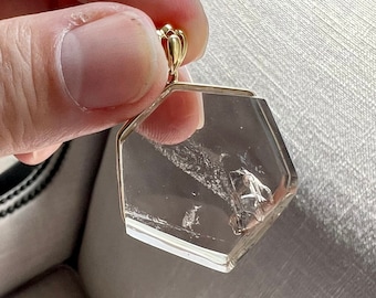 18k GOLD Enhydro pendant - Polished flat quartz rock crystal specimen with moving enhydro bubble inclusion