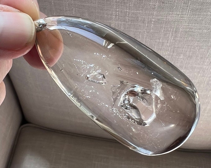 Enhydro pendant with a large bubble - pear shaped teardrop drilled quartz rock crystal specimen from Brazil