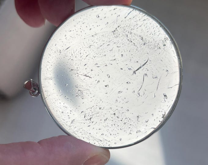 Raindrop Enhydro - Uncommon - Large quartz crystal disc pendant with tons of tiny enhydro "droplets" bubbles - ID A062