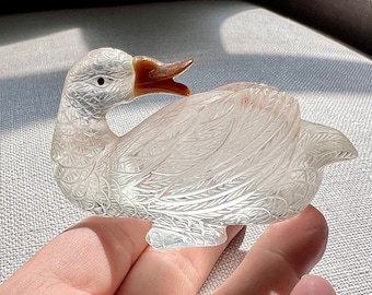 Fine Quartz rock crystal carving of a duck / goose with agate beak