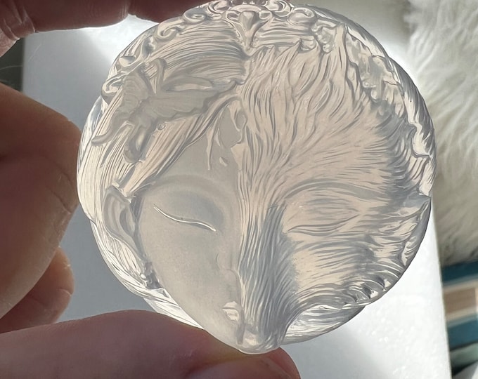 Natural pink rose rock crystal quartz carving - fine details, wonderful display piece, paperweight - butterfly fox lady handcarved