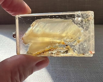 Unusual Enhydro with X-large moving bubble, yellowish white deposit - 3 phase inclusion quartz rock crystal specimen pendant unique IDA0432