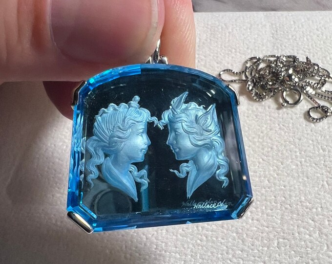 Rare - Blue Topaz Platinum Pendant by Wallace Chan with chain - intaglio carving