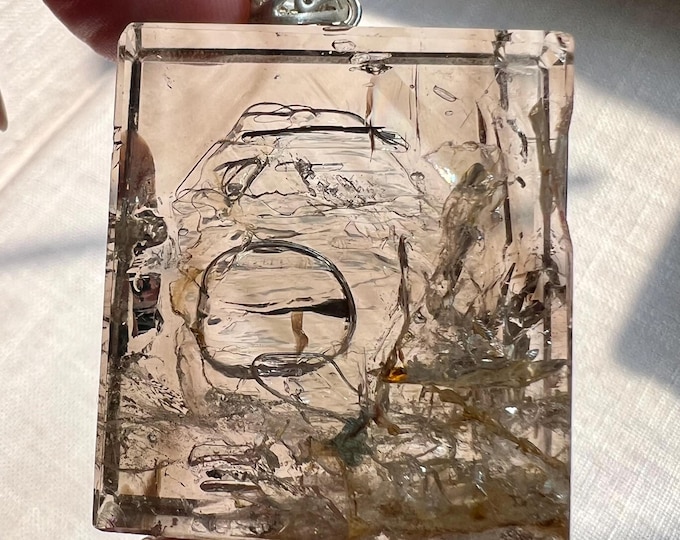 Enhydro - smoky quartz rock crystal ingot pendant - 2 large bubbles- ID A0600