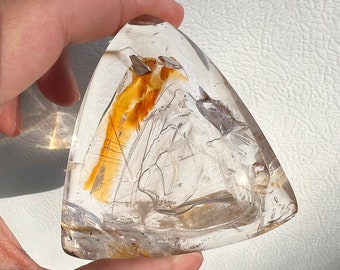 XL enhydro - Massive Enhydro quartz rock crystal display piece - Superb yellow iron oxide next to the massive bubble ID A0070