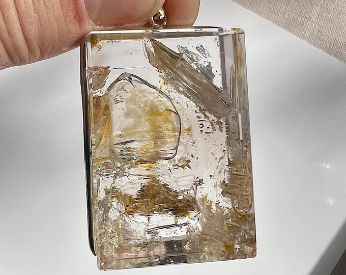 Enhydro - quartz rock crystal pendant - large bubble and small moving bubble, golden healer iron oxide - ID A0435