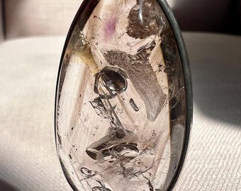 Special Enhydro silver pendant with 4 bubbles and smoky + amethyst phantoms - quartz rock crystal inclusions - ID A0415