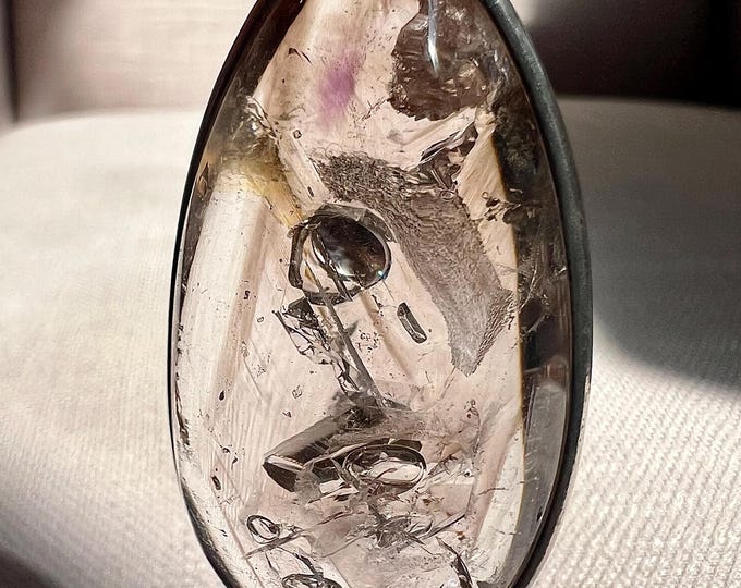 Special Enhydro silver pendant with 4 bubbles and smoky + amethyst phantoms - quartz rock crystal inclusions - ID A0415