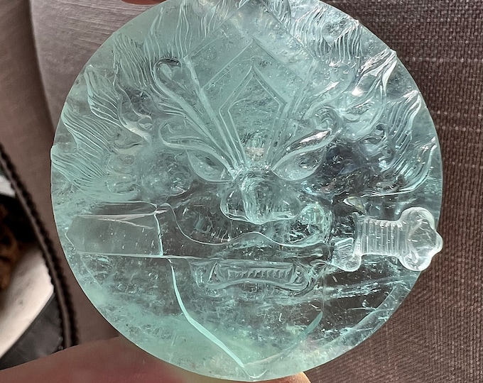 Aquamarine crystal carving - light blue beryl sculpture of a dragon with sword in its mouth - Collector piece