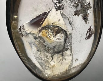 Enhydro - quartz rock crystal pendant - large bubble in crystal shape cavity and golden healer - ID A0705