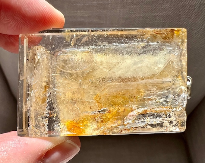 Unusual Enhydro with large moving bubble, yellow white deposit in the back- quartz rock crystal specimen pendant with chain, unique