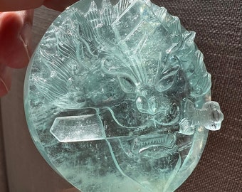 Aquamarine crystal carving - light blue beryl sculpture of a dragon with sword in its mouth - Collector piece