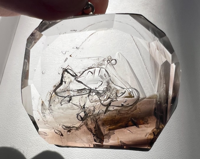 Enhydro - Large moving bubble in a faceted smoky quartz rock crystal silver pendant inclusion ID A0603