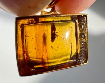 Amber - detailed amber carving of an old TV with a fossilized moth - plated silver pendant IDA0689