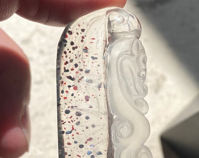 Very fine Dragon carving with awesome red hematite inclusion in natural quartz rock crystal - collector, pendant