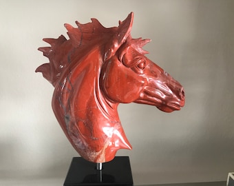 Very fine Jasper carving of a horse's head on a black obsidian base