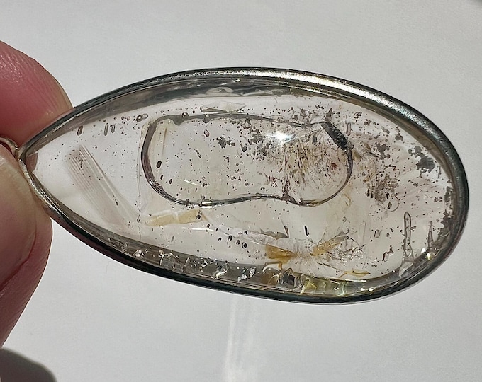 Enhydro silver pendant with Xlarge moving bubble and inclusions - quartz rock crystal - ID A0731