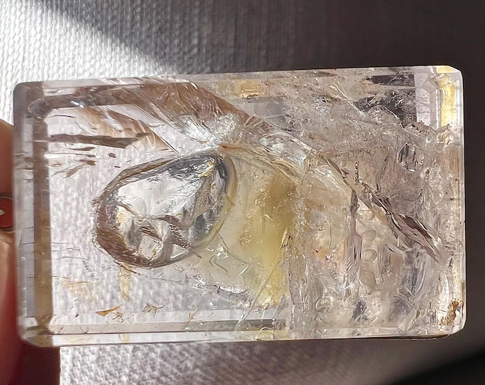 Enhydro - quartz rock crystal pendant - large bubble with yellowish sand, golden healer iron oxide - ID A0614