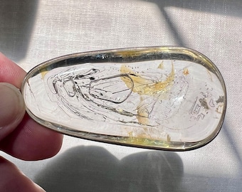 Elegant elongated Enhydro pendant : large bubble with lots of movement in long cavities golden healer - quartz rock crystal - ID A0523