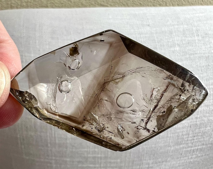 Enhydro pendant with 3 bubbles and smoky phantom - quartz rock crystal specimen, inclusions, set in silver pendant IDA 0135